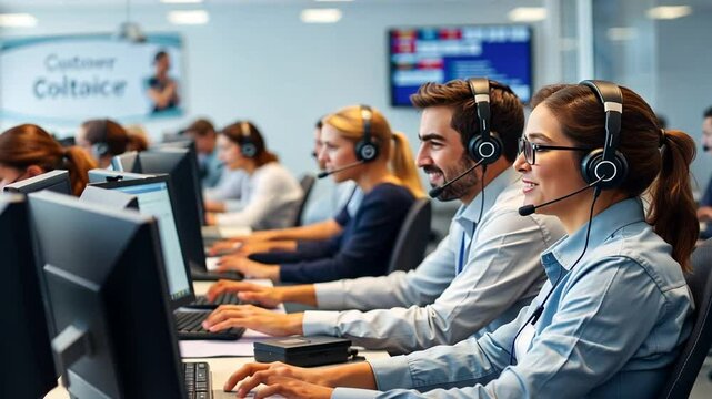 Busy Customer Service Call Center Representatives Providing Support - Powered by Adobe