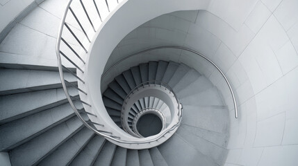 Obraz premium Minimalist spiral stairway with metal railing goes down inside a modern building with sleek materials and geometric lines