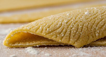 Detailed Close Up Of Uncooked Garganelli Pasta Covered In Flour
