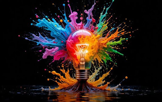 A light bulb with colorful paint exploding out of it against a black background