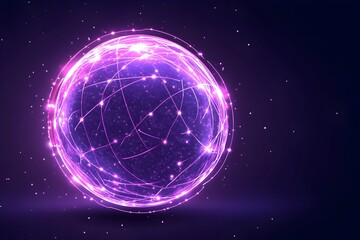 Obraz premium Glowing purple sphere with interconnected lines and particles on a dark background