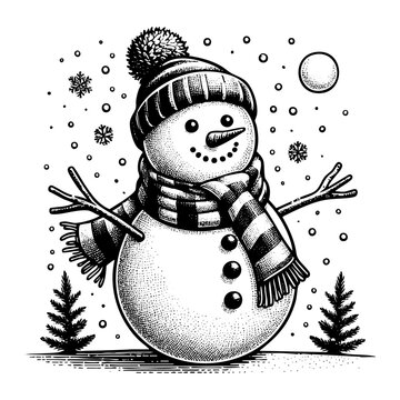 snowman wearing hat and scarf in snow clip art preview