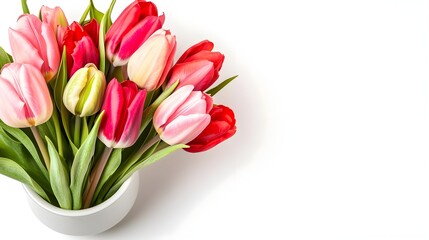 Fototapeta premium Vibrant Bouquet of Colorful Tulips in a White Pot on a Clean Surface