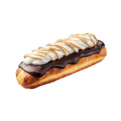 delicious pastry resembling an ?clair. topped with rich chocolate glaze and a swirl of cream. drizzled with caramel it showcases a tempting dessert that is likely intended for indulgence and enjoyment