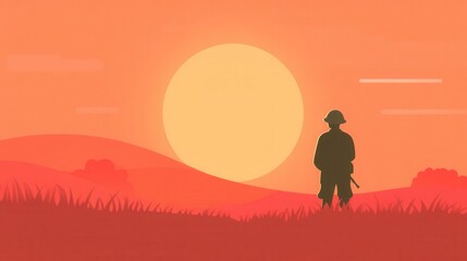 Naklejka premium Silhouette of Soldier Against Vibrant Sunset Horizon Landscape