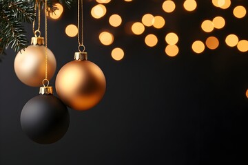Elegant gold and black Christmas ornaments hang from a fir branch against a bokeh background