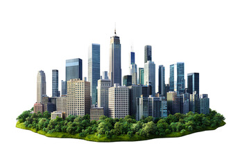 Fototapeta premium 3D modern city skyline with buildings and greenery, isolated on a transparent background