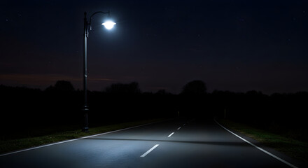 Empty Asphalt Road Illuminated By Streetlight Under Dark Starry Sky