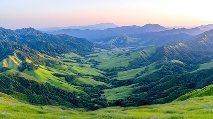 Panoramic view of rolling green hills and valleys at sunrise, mountains in the background under a soft sky