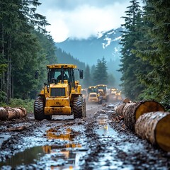Yellow bulldozers on forest road during rain with mountains in background