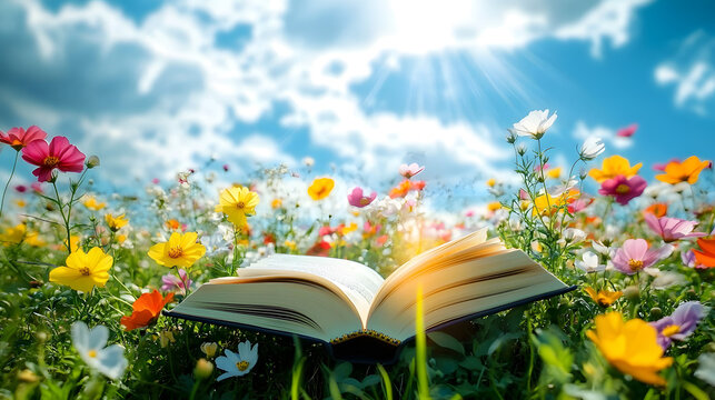 Vibrant flowers bloom in a sunlit meadow under a blue sky. with an open book on the theme of education and reading