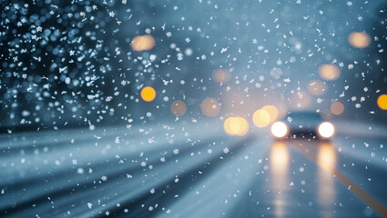 Snowy road at night with a car driving in the distance, snowflakes falling gracefully.
