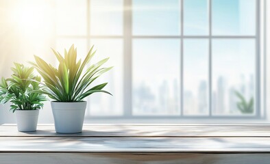 Fototapeta premium Plants on a wooden table by a window. Cityscape blurred in background