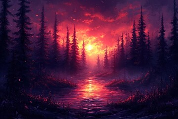 Serene sunset over a tranquil river surrounded by tall pine trees