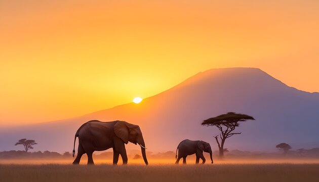 Two elephants walk at sunset across a savanna, silhouetted against a vibrant orange sky and distant mountain