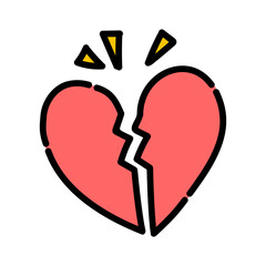 Broken heart. Loneliness, feeling, love, relationship, divorce, breakup. Colored outline vector design illustration.