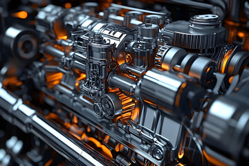 Fototapeta premium Detailed 3D rendering of a car internal combustion engine including power, ignition, cooling, lubrication and exhaust systems, crank and gas distribution mechanism
