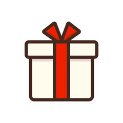 Red ribbon gift box sticker. Holiday celebration, surprise, anniversary, birthday concept. Colored outline vector design isolated illustrations.