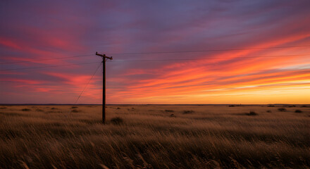 Obraz premium Rural Sunset Landscape with Telephone Pole and Vivid Sky at Dusk