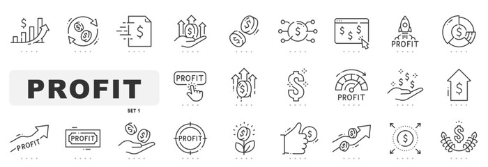 Set of profit related line icons. Income, earning, money, savings etc. Editable stroke