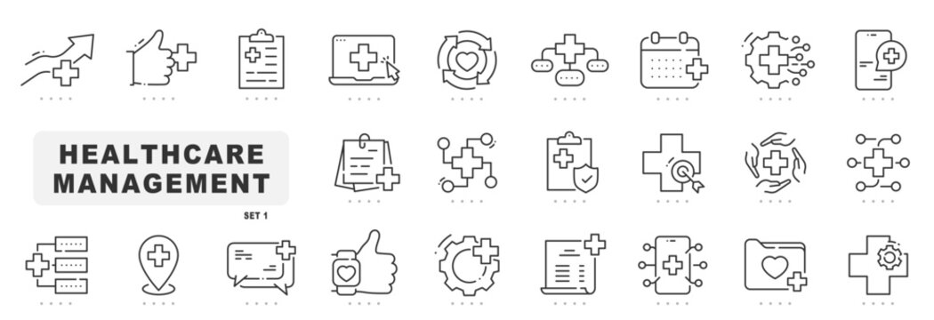 Set of health carte management related line icons. Diagnosis, monitoring, record etc. Editable stroke