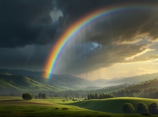Obraz premium Vibrant Rainbow Arcing Over a Misty Landscape with Rolling Green Hills and Patches of Sunlight