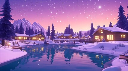 Fototapeta premium Serene winter village nestled beside a calm river, illuminated by warm lights under a starlit sky
