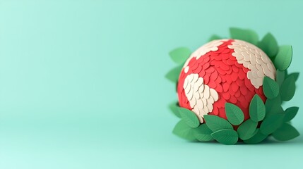 Red and white heart-shaped sphere nestled in green leaves against a mint background