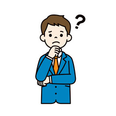 への字口になって考える、スーツを着た若い男性のベクターイラスト素材＿線幅の編集可能＿カラー