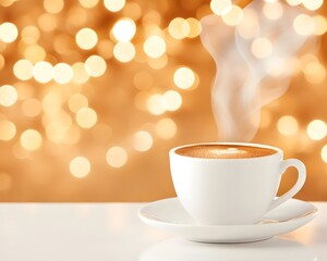 Obraz premium Steaming cappuccino with heart design sits on saucer against a warm, blurred, light bokeh background