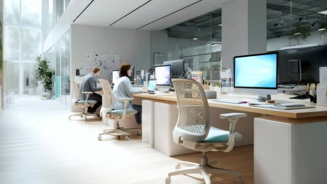 【AI動画】お洒落なオフィスでデスクワークする人たちに、ゆっくりとズームインしていく