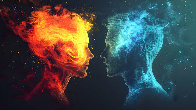 Intriguing juxtaposition of fiery and icy human profiles.