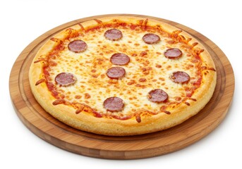 Delicious pepperoni pizza with cheese on a wooden serving board
