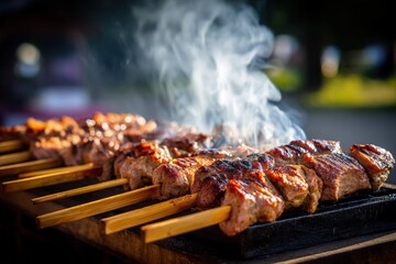 Skewers on grill cooking outdoor, smoky, blurred background, recipe concept