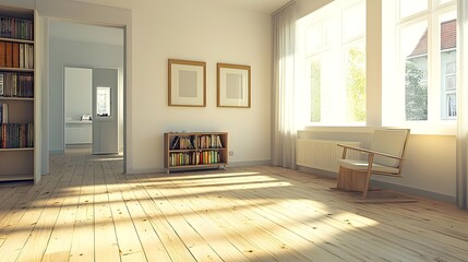 Obraz premium Bright and Spacious Living Room with Wooden Frames and Natural Light