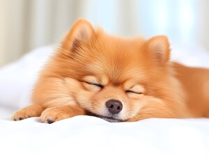 A fluffy, light-orange dog peacefully sleeps on a white bed