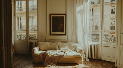Fototapeta premium Cozy Living Room Interior with White Walls and Parquet Flooring