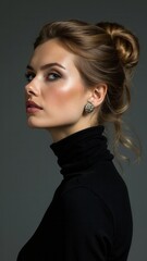 Naklejka premium Art portrait woman in black turtleneck. Hair high beam, perfect profile face. Elegant beauty style. Earrings in the ears.