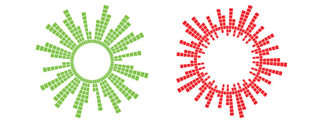 Two digital circular ornaments made of small square blocks in green and red colors. The design feels futuristic and modern, perfect for tech-themed projects, backgrounds, or data visualizations.