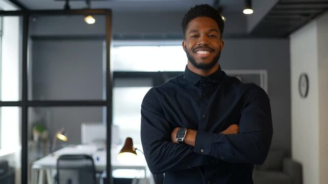 young handsome black man with crossed arms looking at camera elegant clotes in a office