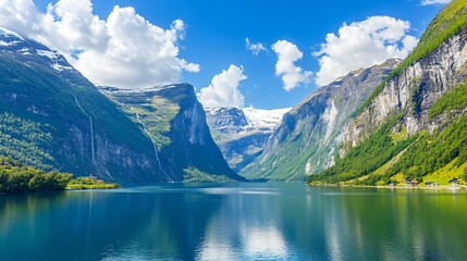Majestic fjord scene with waterfalls, snowy peaks, lush greenery, and calm water