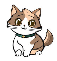 Obraz premium A cute cat with a green collar is sitting on a white background. The cat has a playful and happy expression on its face