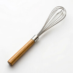 Metal whisk with spiral wire and natural wooden handle isolated clearly on a white background