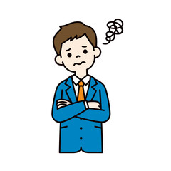 腕を組んで困惑する、スーツを着た若い男性のベクターイラスト素材＿線幅の編集可能＿カラー