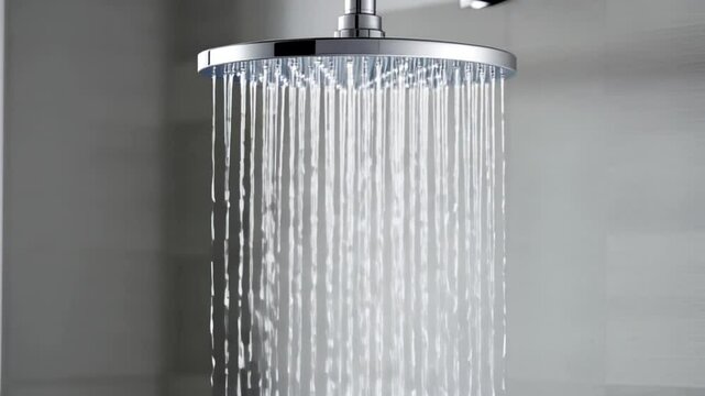 A high-angle close-up view of a modern chrome shower head with water cascading down in a vertical pattern.