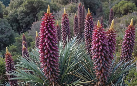 A group of tall, spiky Puya Raimondii plants growing in the mountains