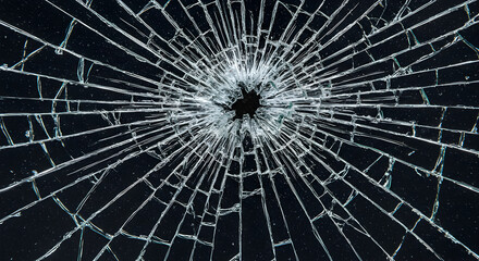 Fototapeta premium Cracked Glass Texture On Black Background Showing Force Impact Pattern