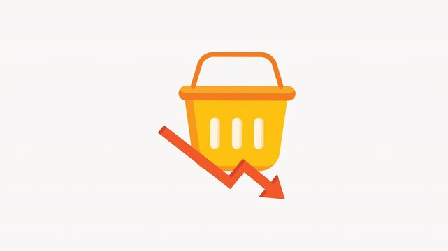 Shopping basket with downward red arrow showing sales decline, suitable for business concepts, financial reports, and market analysis presentations.