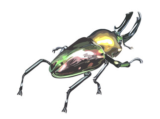 A bug with a green and yellow body is shown on a white background. The bug has a long, thin antennae and a large, curved horn on its head. The bug appears to be a beetle