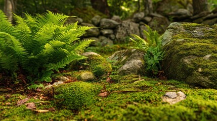 Lush Moss Carpet with Rocks and Ferns in Tranquil Forest Setting, Soft Bokeh Background.